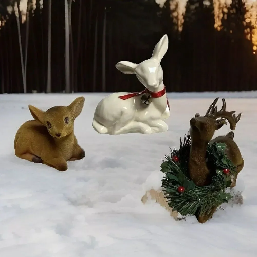 Vtg Lot 3 Deer Figurines Holiday Christmas Ceramic Wood Flocked Sitting Decor